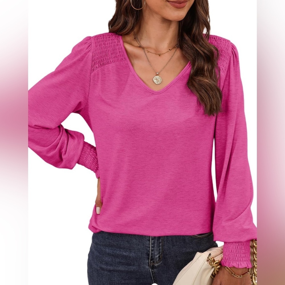 Dokotoo Women's Casual Long Sleeve Shirred Knit Blouse Size L